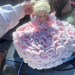 Handcrafted Pink & White Ruffled Doll Plush Cozy - Kids Stuffed Toy